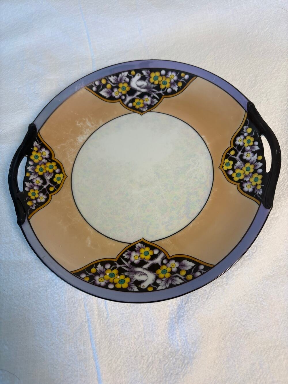 Vintage Art Deco c1930 Noritake Morimura Lustreware Hand Painted Bird Cake Plate